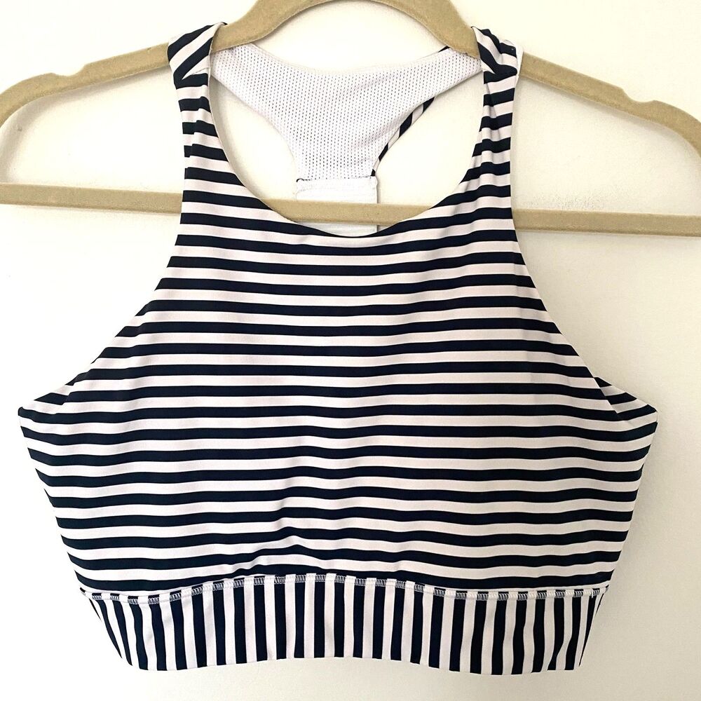 Athleta Striped Blue White High Moon Bra Breathable Low Support for B-C Cup Sz L